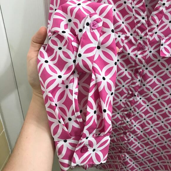 Coral Bay Hot Pink & White Mod Pattern Button Up Blouse Top Small Relaxed EUC - Picture 3 of 7